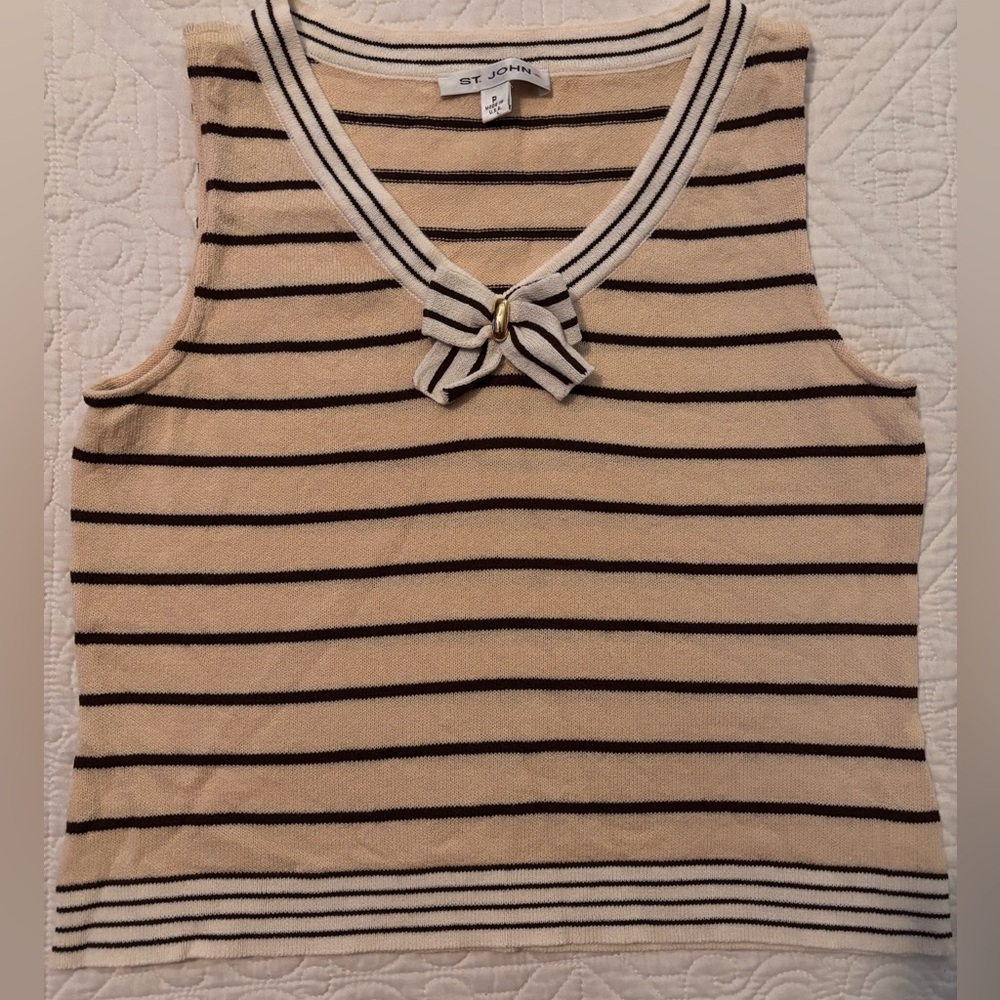 St. John Tan Cream and Brown Striped Knit Tank Top with Bow - Sz S GUC